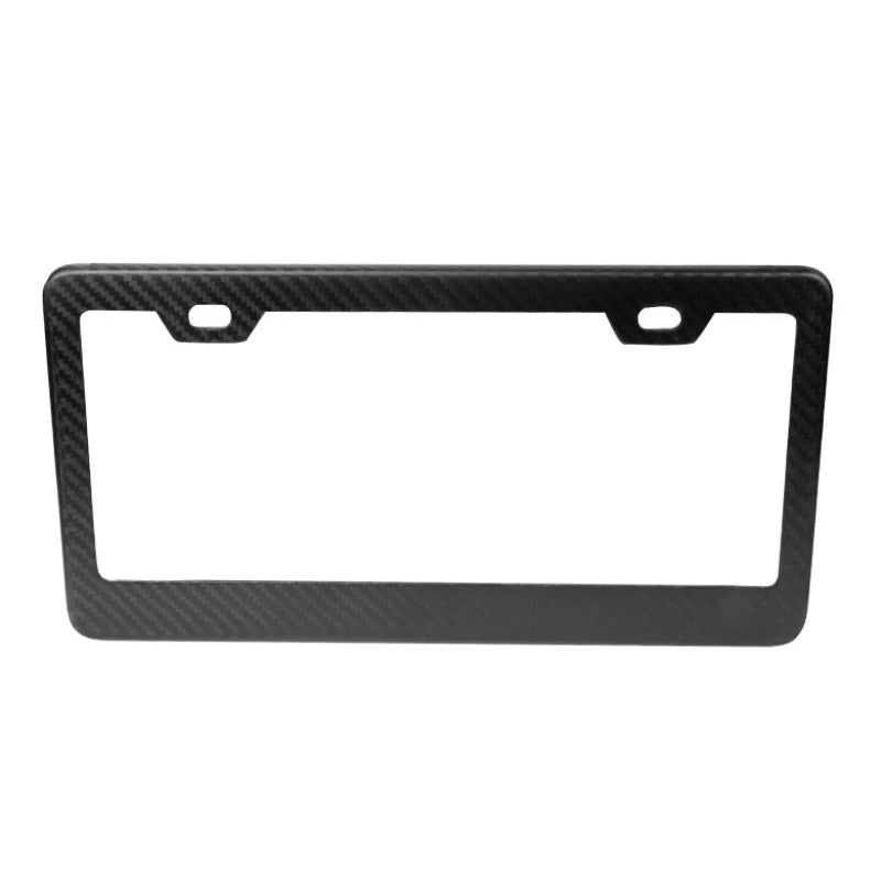 High-quality dry carbon fiber license plate frame with a precision weave and matte finish.