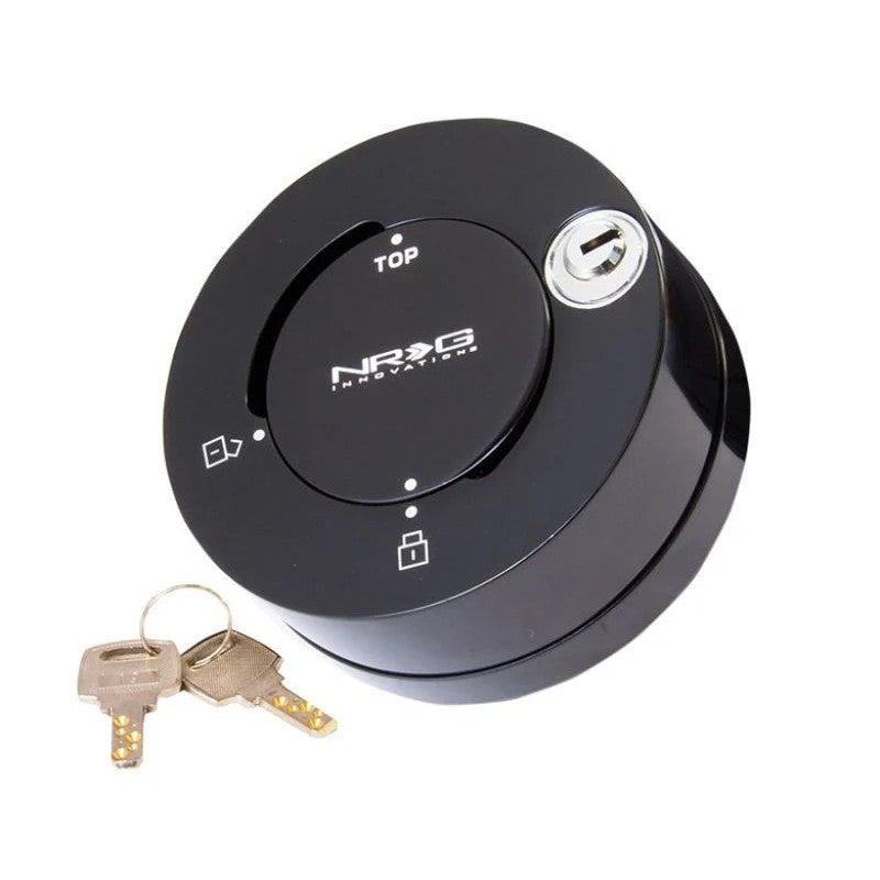Glossy shine black NRG Quick Lock steering wheel security device with ball-lock mechanism and keys.