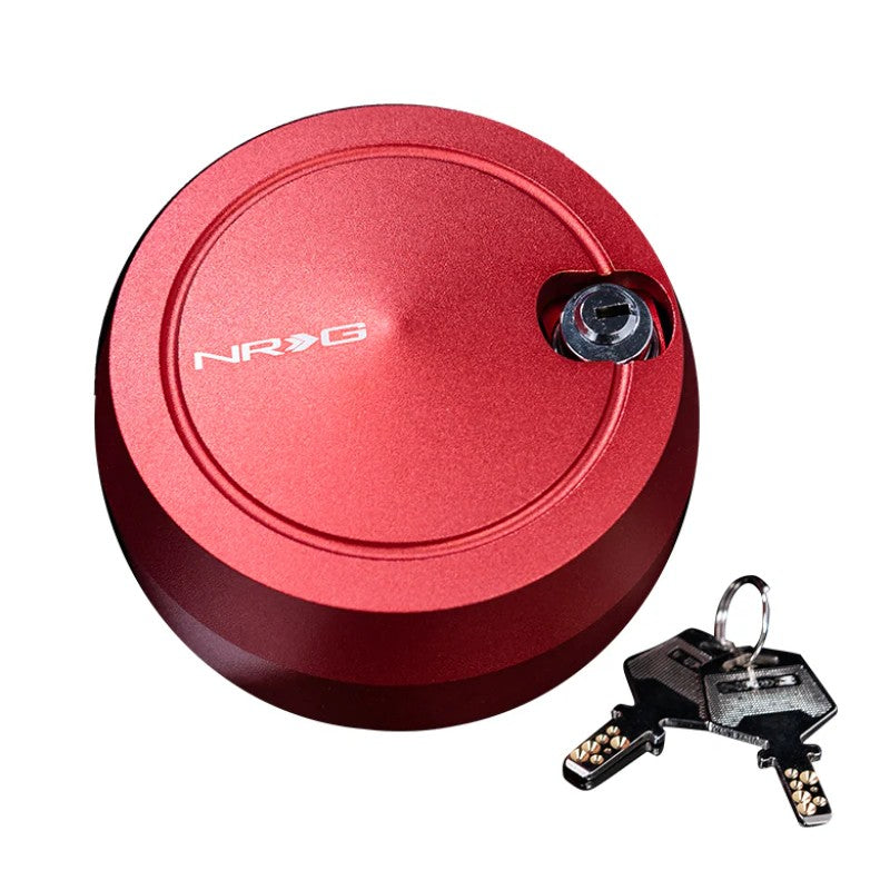 Red NRG SRK-201RD Quick Lock V2 steering wheel hub lock featuring a free-spinning outer sleeve and key lock mechanism