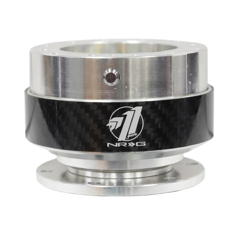 NRG Gen 1.5 steering wheel quick release adapter with black anodized aluminum body and a genuine carbon fiber ring.