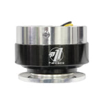 NRG Gen 1.5 quick release steering wheel adapter with silver aluminum body and black chrome ring
