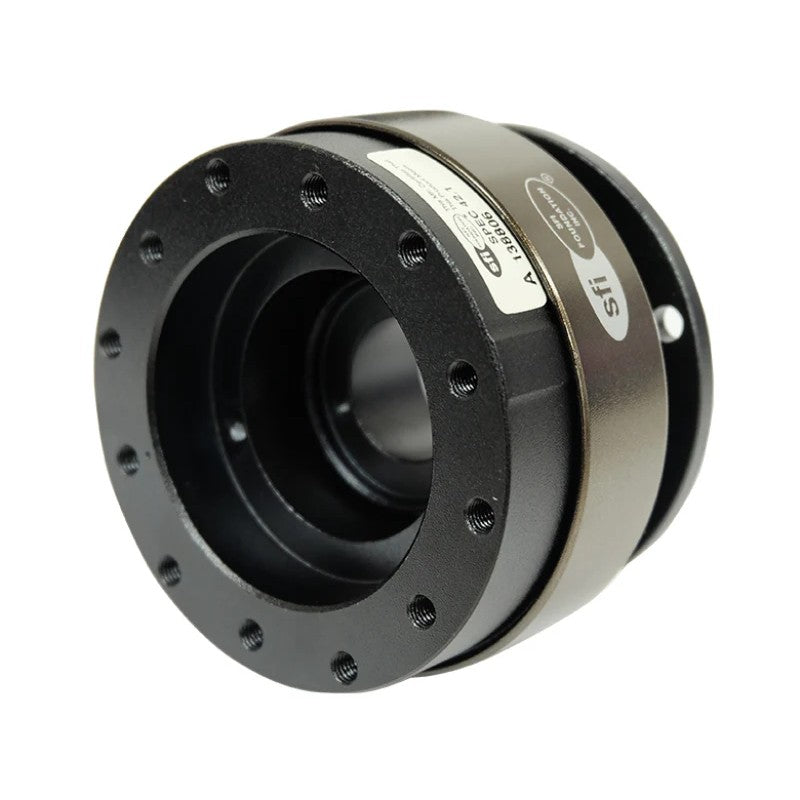 NRG Innovations Gen 2.0 steering wheel quick release with a black anodized body and a polished chrome locking ring.