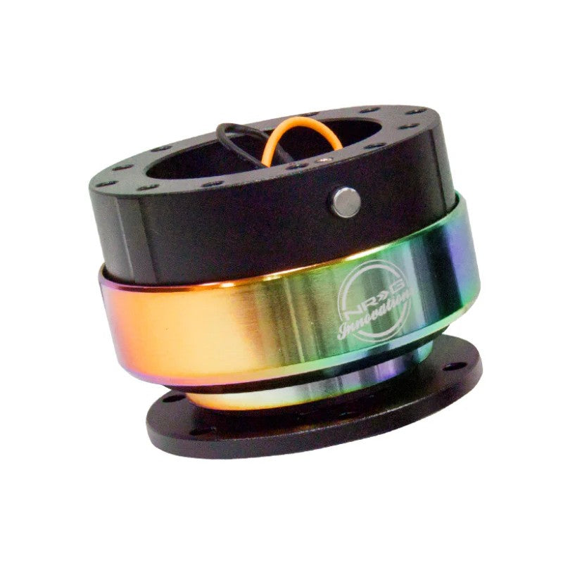 NRG Innovations Gen 2.0 steering wheel quick release adapter with a black anodized body and iridescent neochrome ring.