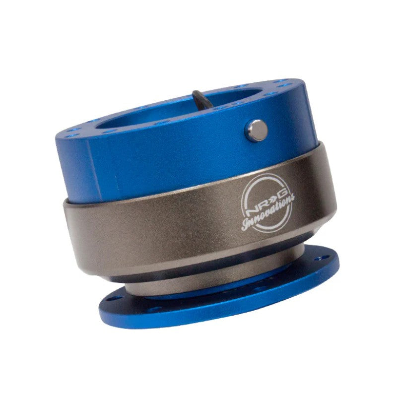 Blue anodized aluminum NRG Innovations Gen 2.0 steering wheel quick release hub adapter with a matching blue release ring