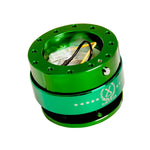 NRG Gen 2.0 steering wheel quick release with green anodized aluminum body and matching green pull ring.