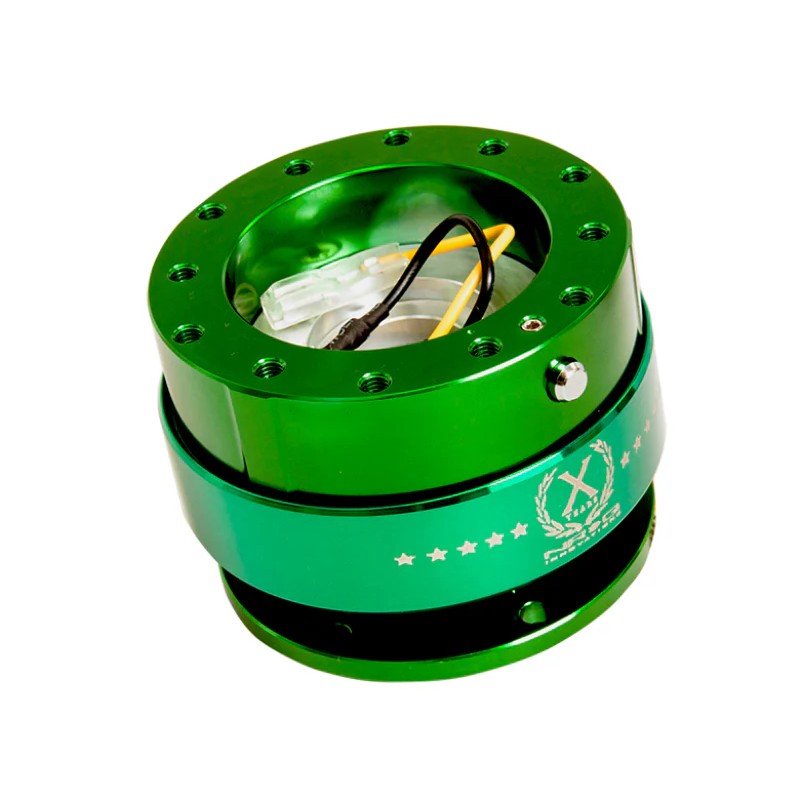 NRG Gen 2.0 steering wheel quick release with green anodized aluminum body and matching green pull ring.