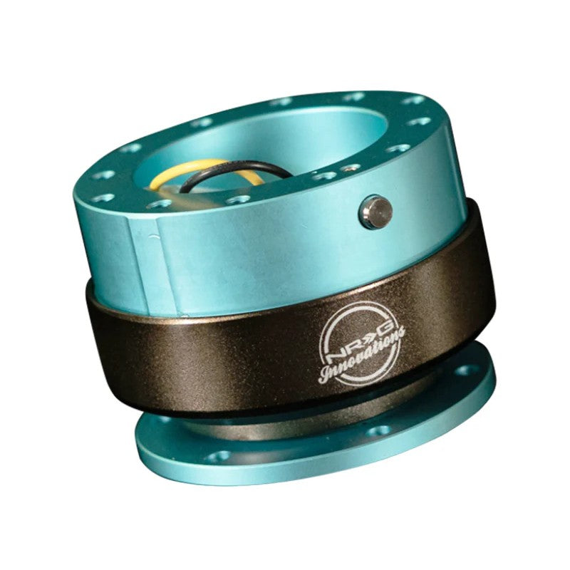 NRG Gen 2.0 steering wheel quick release with Minty Fresh green body and Titanium Chrome sleeve