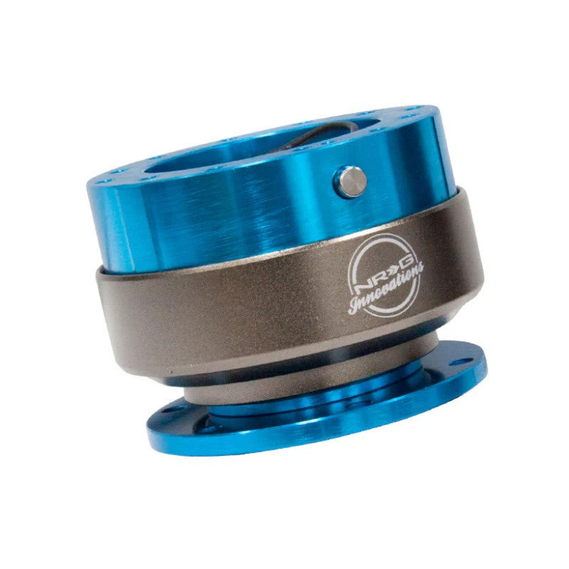 Blue NRG Gen 2.0 steering wheel quick release hub with titanium chrome ring and ball-lock mechanism.