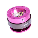 NRG Gen 2.0 quick release steering wheel hub with pink aluminum body and titanium chrome ring