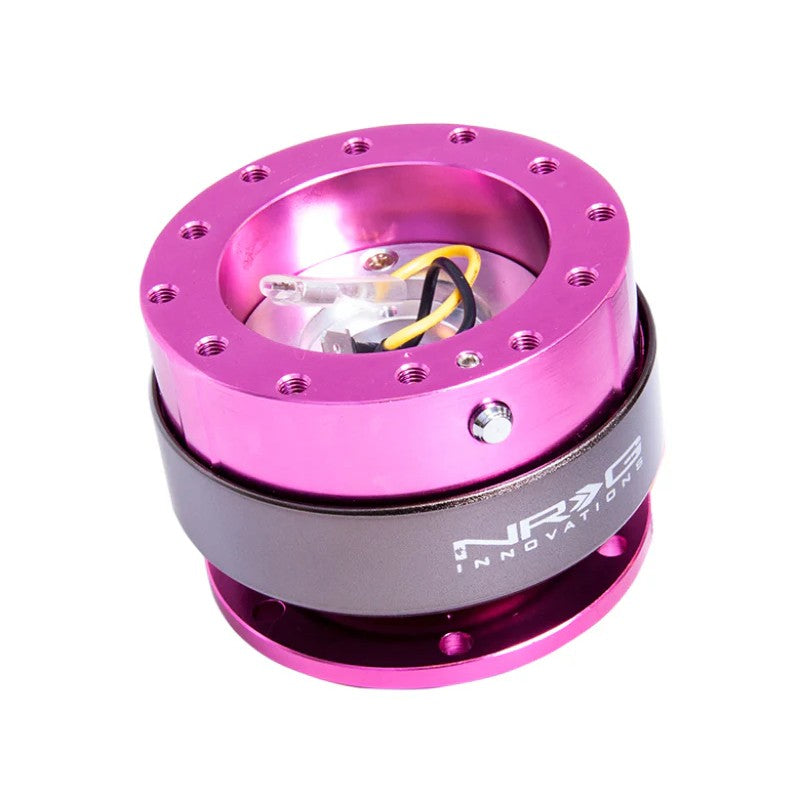 NRG Gen 2.0 quick release steering wheel hub with pink aluminum body and titanium chrome ring