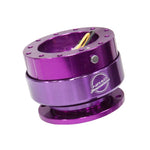 Anodized purple NRG Gen 2.0 steering wheel quick release hub with matching purple ring and ball-locking mechanism