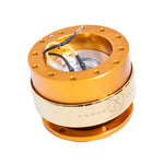 NRG Gen 2.0 steering wheel quick release with rose gold anodized body and titanium chrome collar ring