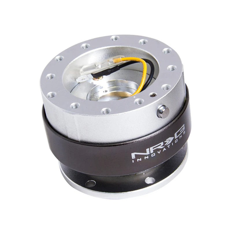 Silver NRG Innovations Gen 2.0 steering wheel quick release with titanium chrome ring and ball-lock system