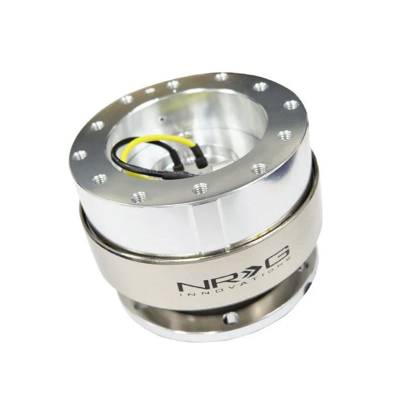 NRG Innovations Gen 2.0 steering wheel quick release with a shiny silver body and brushed silver ring