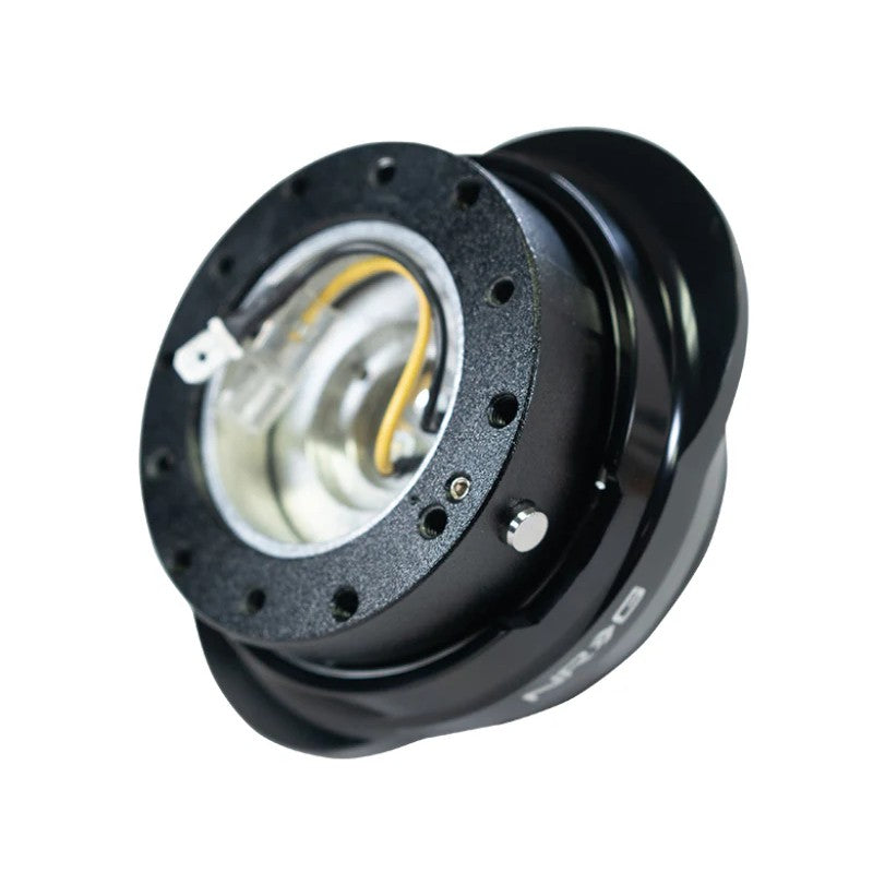 Black NRG Gen 2.2 steering wheel quick release adapter with a shiny black flared oval ring and ball-lock mechanism.