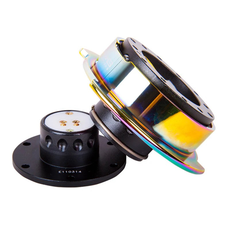 NRG Innovations Gen 2.5 steering wheel quick release adapter with a matte black body and iridescent neochrome ring.