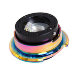 NRG Innovations Gen 2.8 steering wheel quick release with black anodized body and neochrome diamond-cut ring