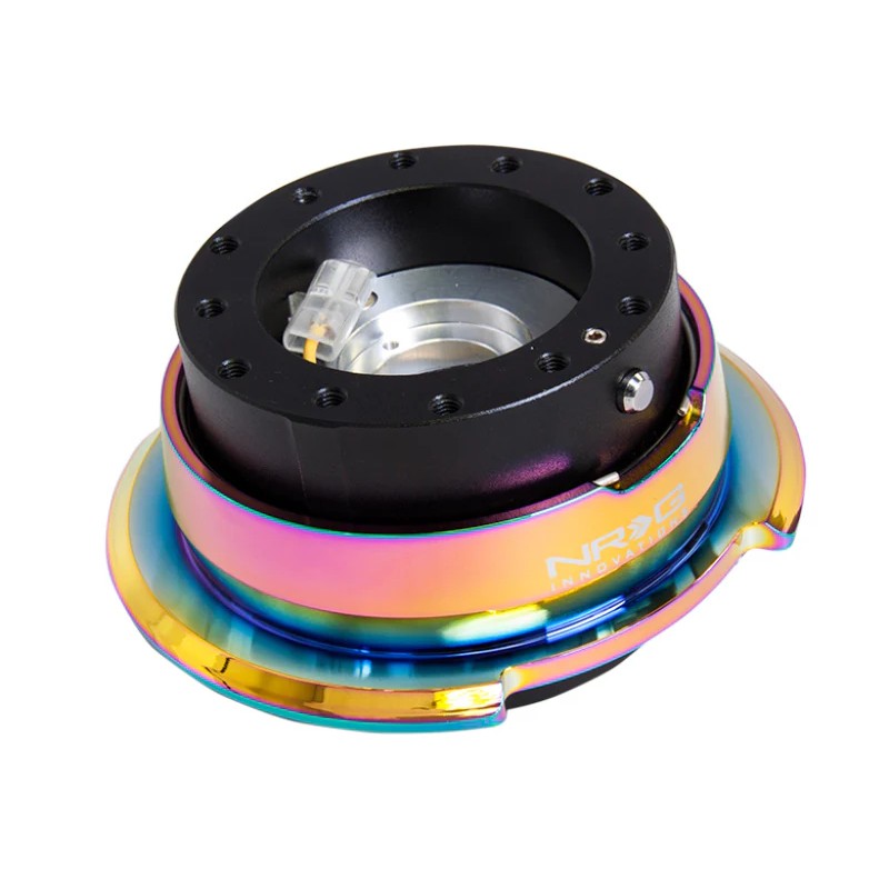 NRG Innovations Gen 2.8 steering wheel quick release with black anodized body and neochrome diamond-cut ring