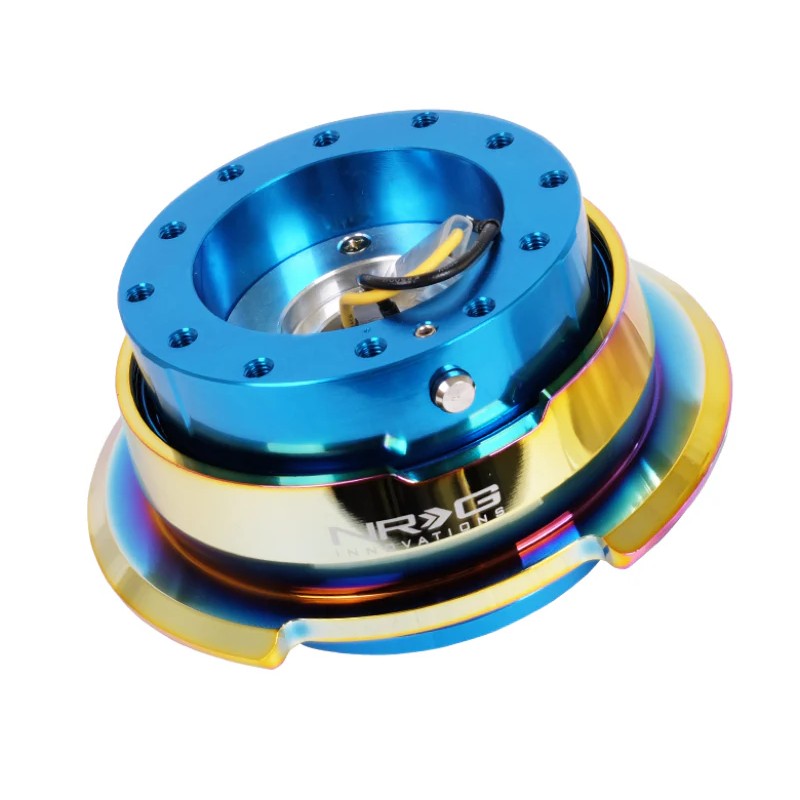 NRG Gen 2.8 steering wheel quick release hub with blue anodized body and neochrome ergonomic ring