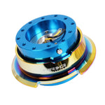 NRG Gen 2.8 steering wheel quick release hub with blue anodized body and neochrome ergonomic ring