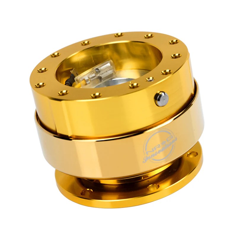 NRG Innovations Gen 2.0 quick release steering wheel adapter with gold anodized body and chrome gold ring.