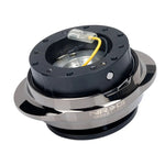 NRG Innovations SRK-220BKC Gen 2.0 steering wheel quick release with black body and black chrome oval ring.