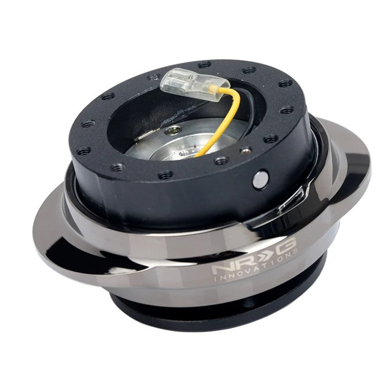 NRG Innovations SRK-220BKC Gen 2.0 steering wheel quick release with black body and black chrome oval ring.