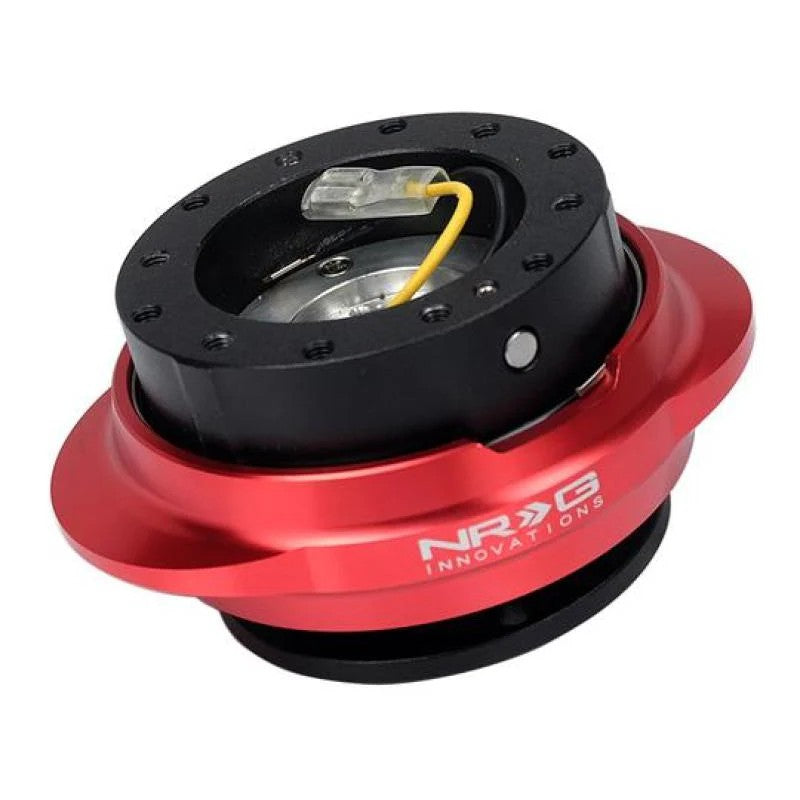 NRG Innovations Gen 2.2 steering wheel quick release with black anodized body and red oval flanged lever ring