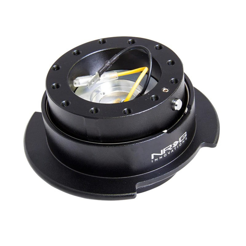 Black anodized NRG Gen 2.5 steering wheel quick release hub with flared outer ring and finger grooves.