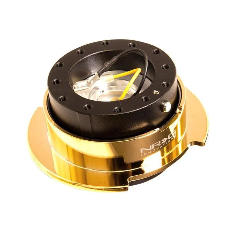 NRG Gen 2.5 steering wheel quick release hub featuring a black body and diamond-cut flared chrome gold ring.
