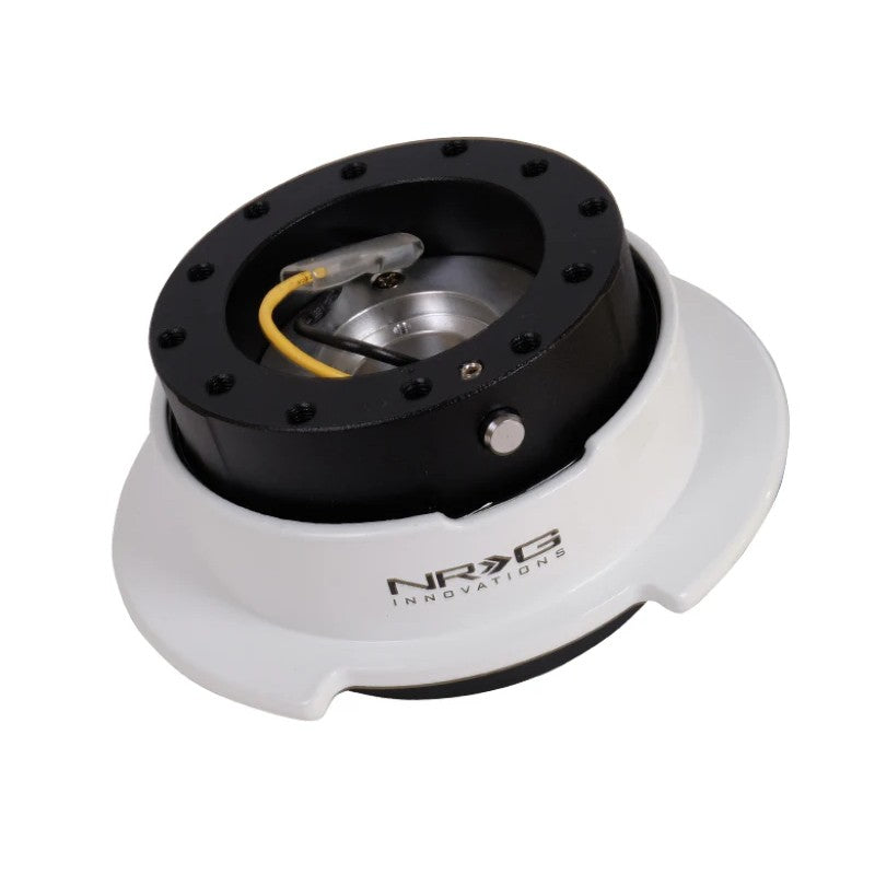 NRG Gen 2.5 steering wheel quick release kit in black with a white accent ring and ergonomic finger grooves.