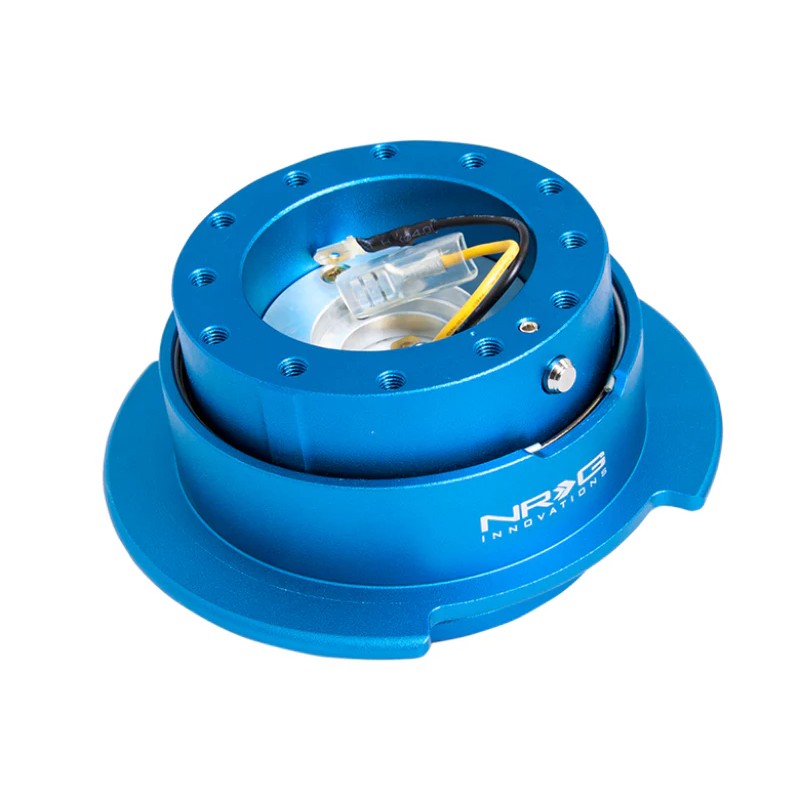 Blue anodized 6061-T6 aluminum steering wheel quick release kit with a flared blue ring.