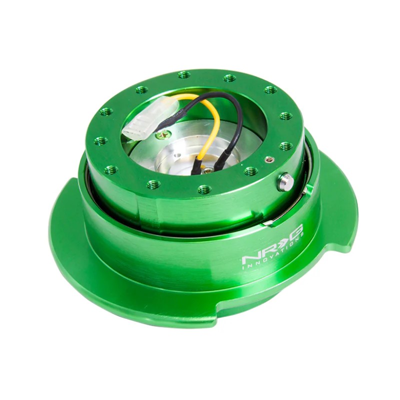 NRG Gen 2.5 steering wheel quick release kit with a green anodized body and a titanium chrome flared ring.