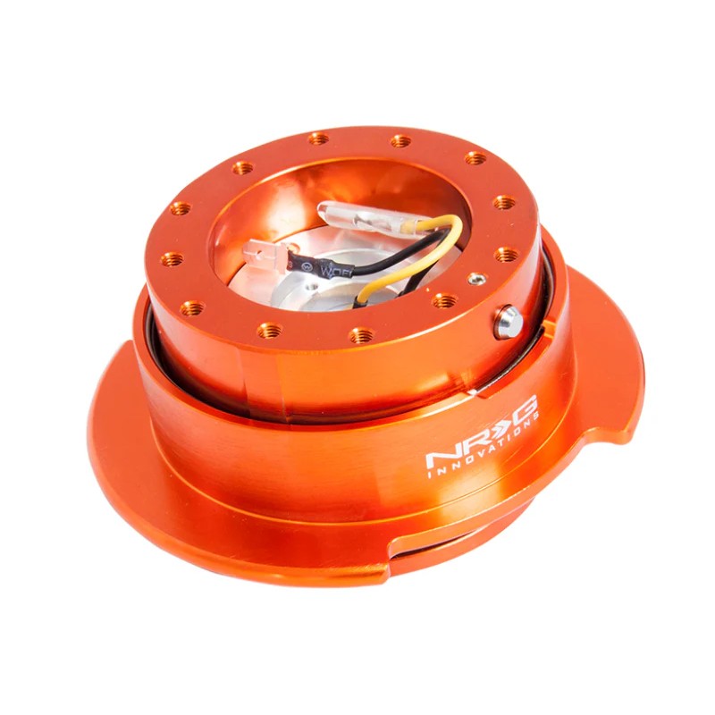 NRG Innovations Gen 2.5 steering wheel quick release with orange anodized body and titanium chrome flared ring