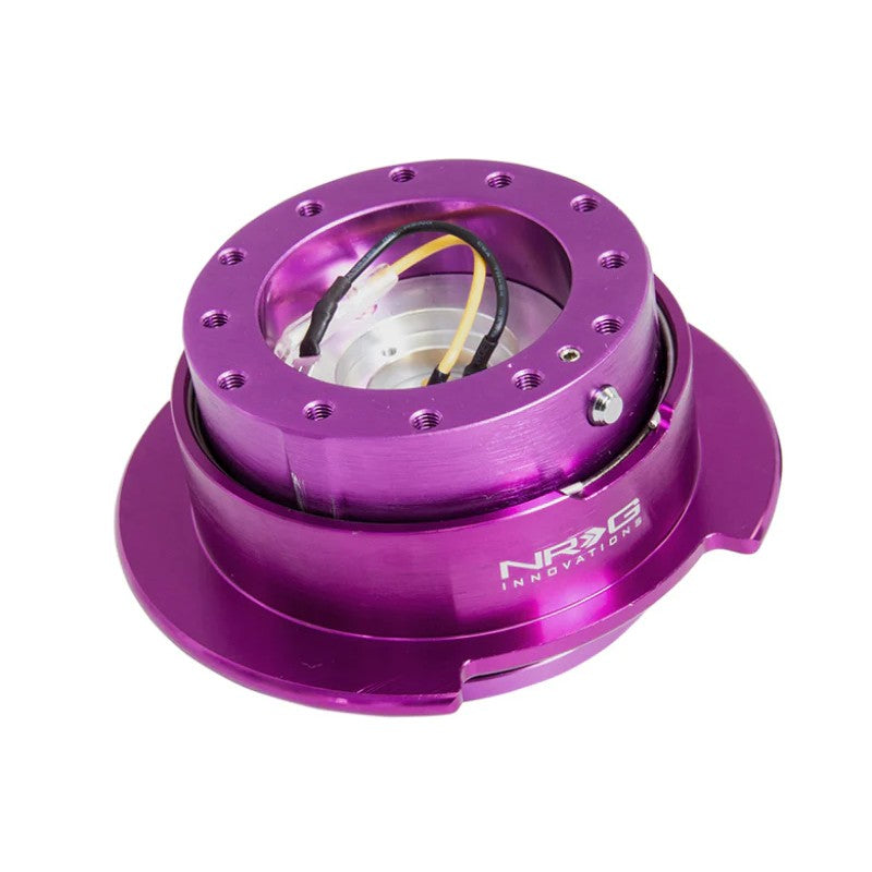 Purple anodized aluminum NRG Innovations Gen 2.5 steering wheel quick release hub with flared diamond-cut ring.