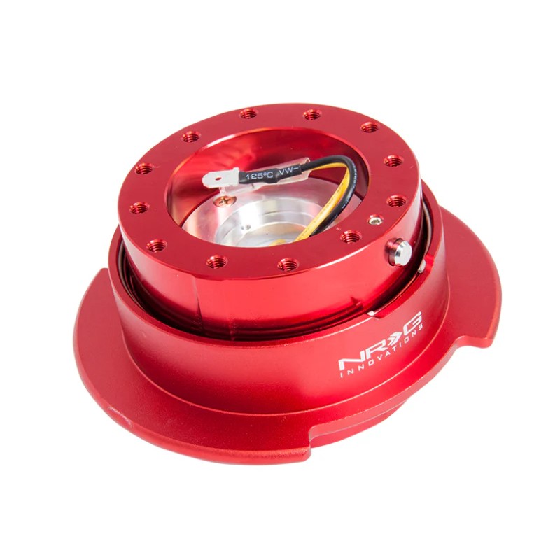 NRG Innovations Gen 2.5 red anodized aluminum steering wheel quick release hub with red collar and 6-bolt mounting pattern.