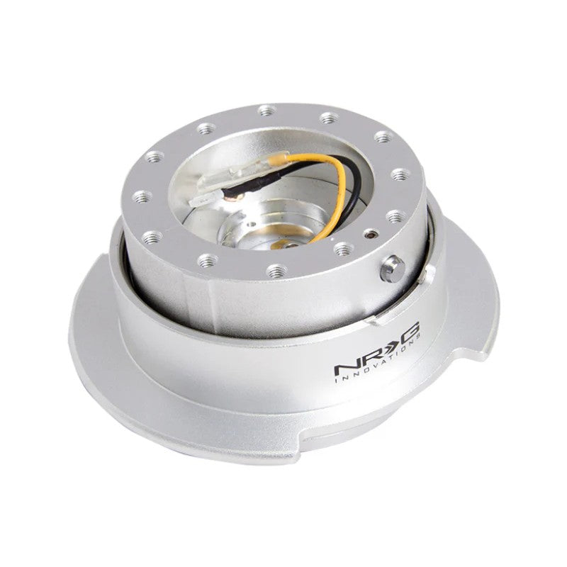 Silver on silver NRG Innovations Gen 2.5 steering wheel quick release adapter with flared outer ring