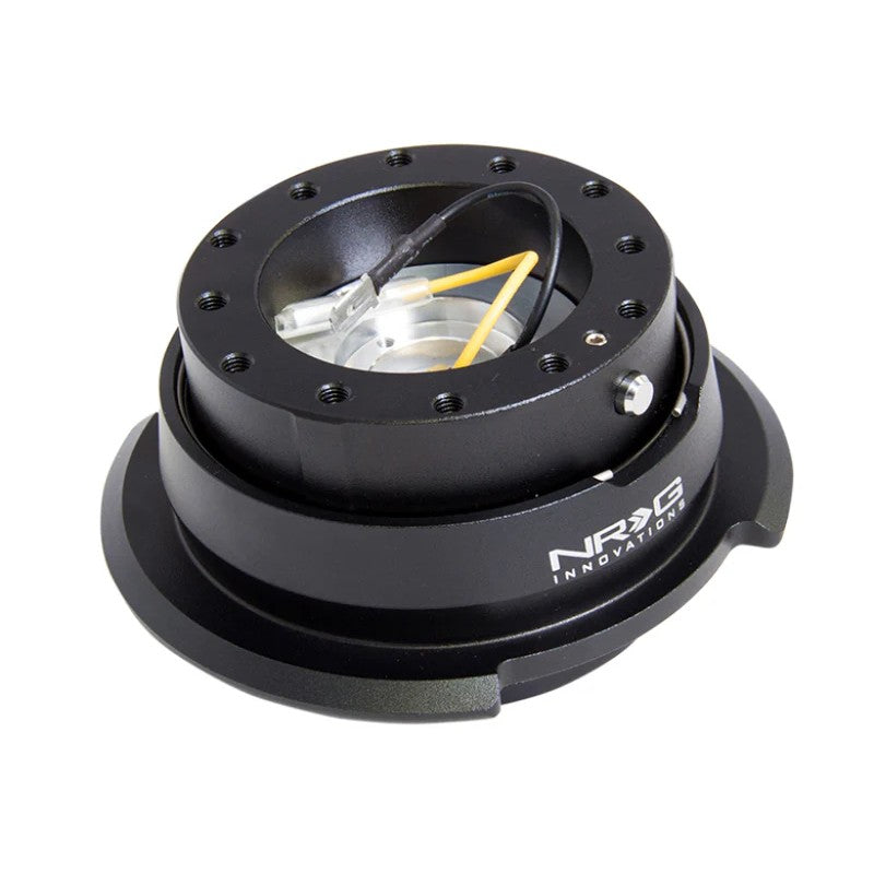 NRG Gen 2.8 black steering wheel quick release body and black diamond-cut ring showing ball-lock mechanism