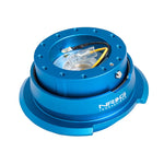 Blue anodized NRG Gen 2.8 steering wheel quick release with a matching blue diamond-cut flared ring.