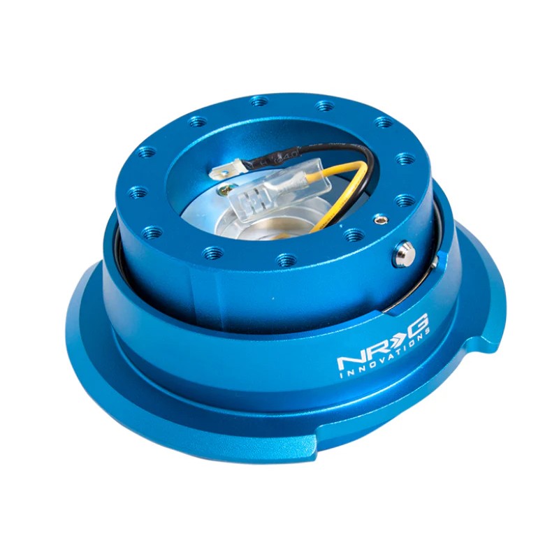 Blue anodized NRG Gen 2.8 steering wheel quick release with a matching blue diamond-cut flared ring.