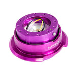 NRG Gen 2.8 steering wheel quick release kit featuring an anodized purple body and a diamond-cut purple grip ring.