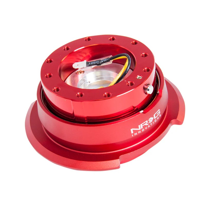 Red NRG Gen 2.8 steering wheel quick release adapter with diamond-cut release ring and 6-bolt pattern.