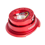 Red NRG Gen 2.8 steering wheel quick release adapter with diamond-cut release ring and 6-bolt pattern.