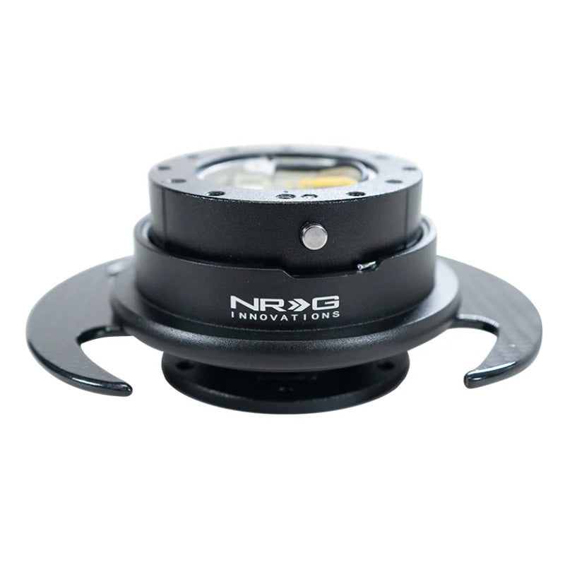 NRG Gen 3.0 steering wheel quick release kit in black with dual carbon fiber release handles