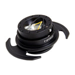 Black NRG Gen 3.0 steering wheel quick release kit with flared wing handles and black accent ring.
