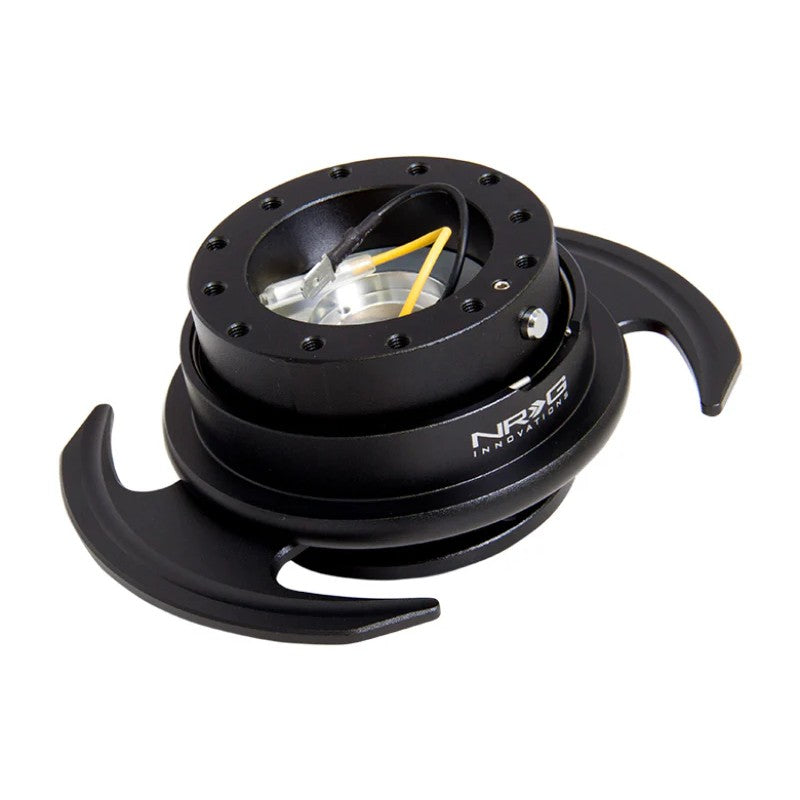 Black NRG Gen 3.0 steering wheel quick release kit with flared wing handles and black accent ring.