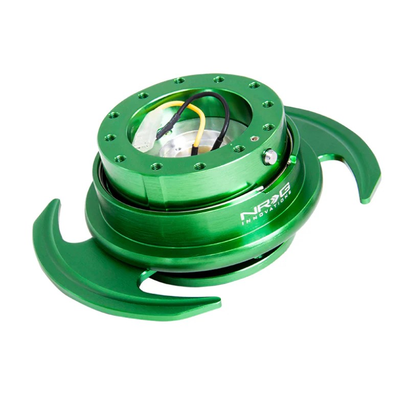 Green NRG Gen 3.0 steering wheel quick release kit with integrated wing handles and green locking ring