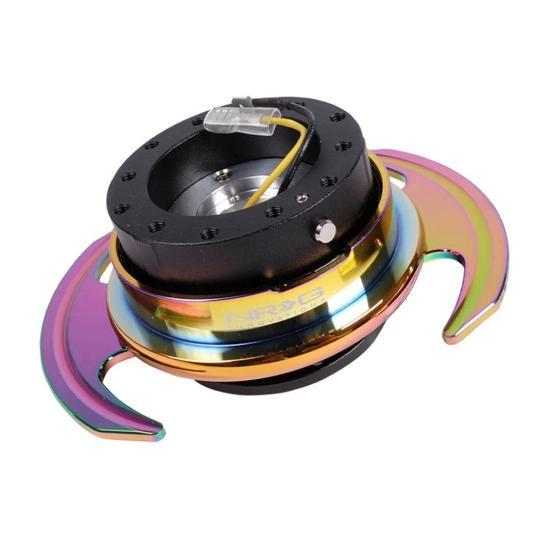 NRG Innovations Gen 3.0 steering wheel quick release with Neochrome paddle ring and black hub body.