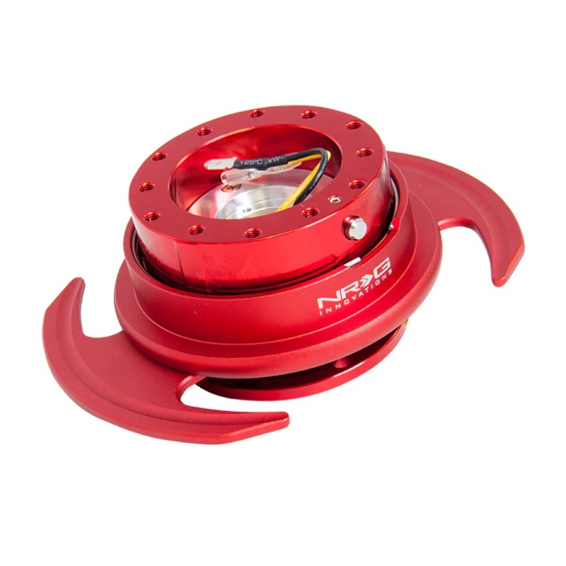 NRG Gen 3.0 steering wheel quick release in red featuring flared release ring handles and aluminum construction.