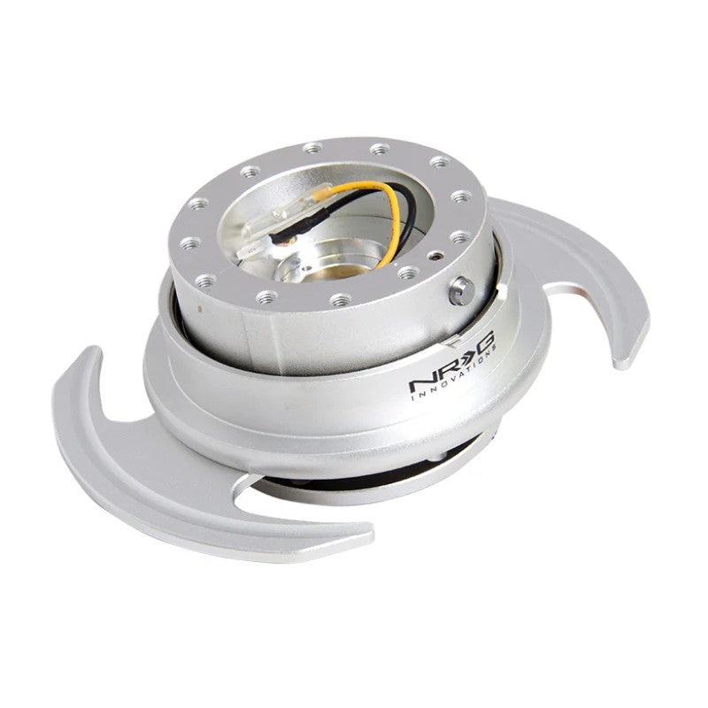 Silver NRG Gen 3.0 steering wheel quick release with winged release ring and silver body.